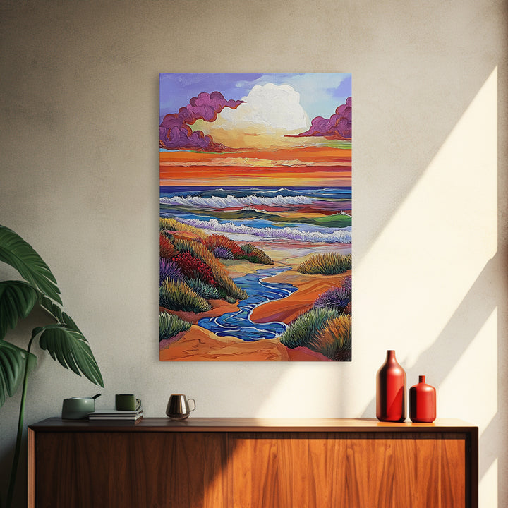 Coastal Sunset, Rolling Waves, Vibrant Beachscape, Boho Ocean Scene, Living Room Wall Art, Seaside Decor, Framed Canvas Print