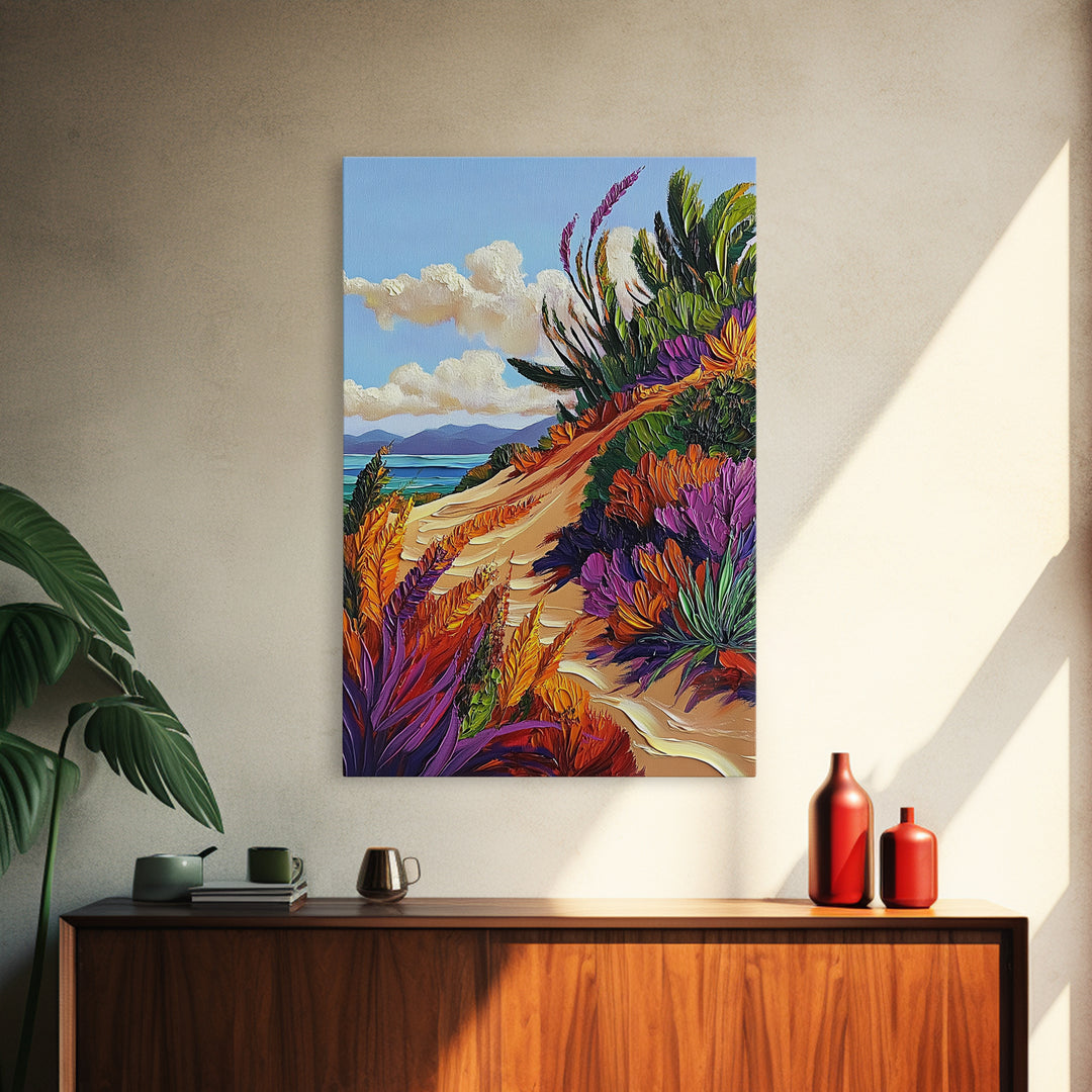 Ocean Cliff Path, Colorful Flora, Coastal Desert View, Summer Breeze Art, Beach House Wall Art, Canvas Print, Boho Nature Style