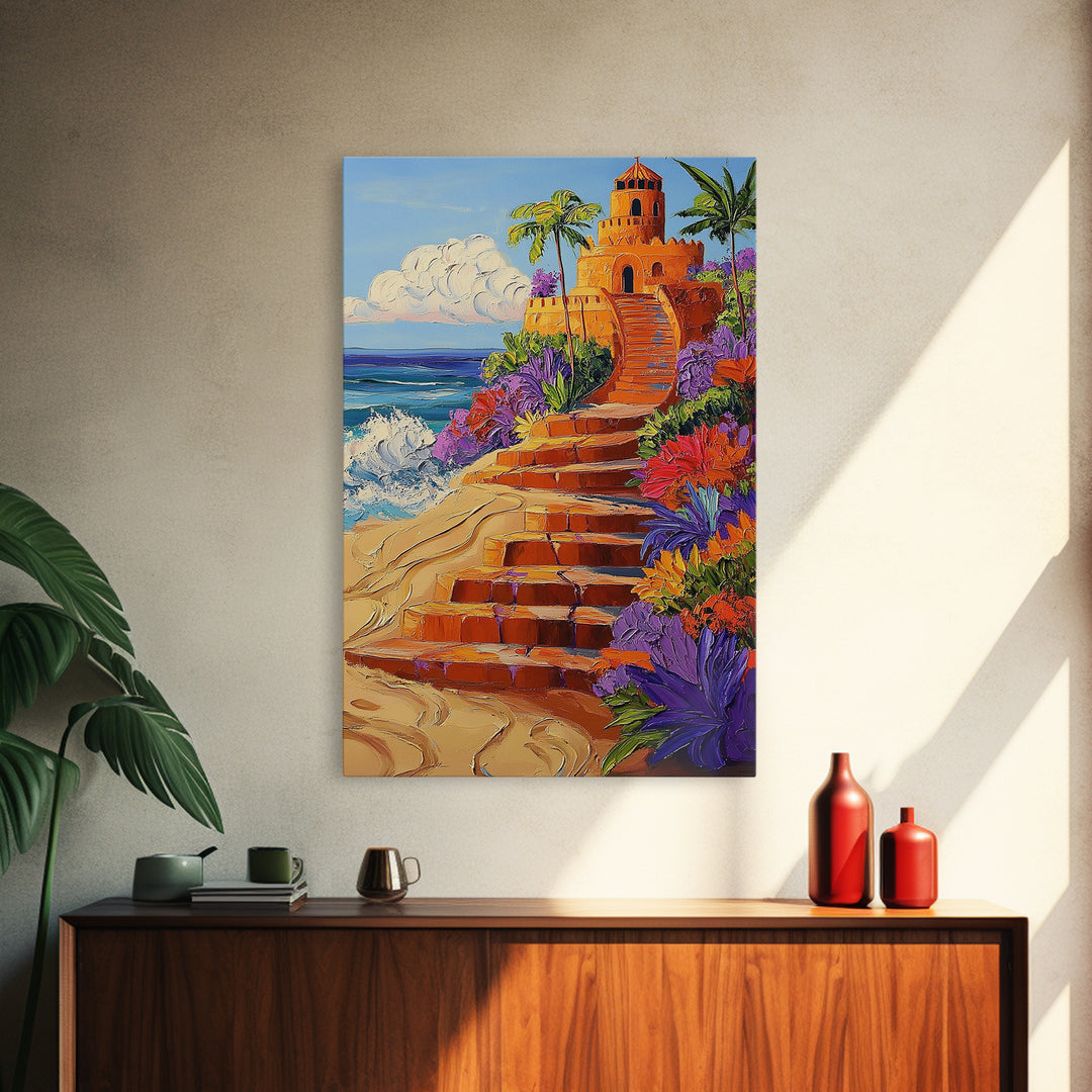 Coastal Castle, Vibrant Tropics, Seaside Fantasy Art, Bold Beach Decor, Playful Wall Accent, Framed Canvas Print, Tropical Style Room