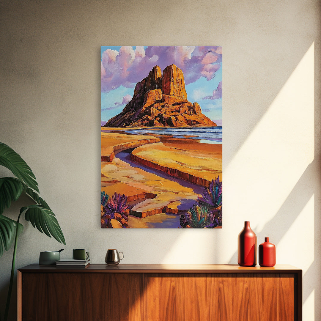 Desert Monolith, Canyon Rock, Purple Sky, Southwest Vibes, Framed Canvas Print, Boho Wall Art, Desert Landscape, Office Wall Decor