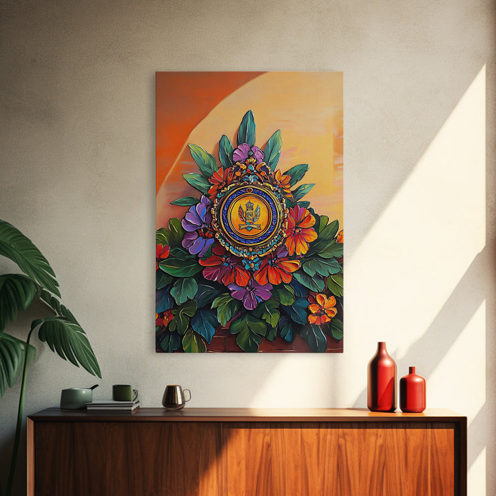 Royal Crest, Floral Emblem, Mediterranean Decor, Vibrant Details, Framed Canvas Print, Kitchen Wall Art, Spanish Wall Art, Regal Vibe