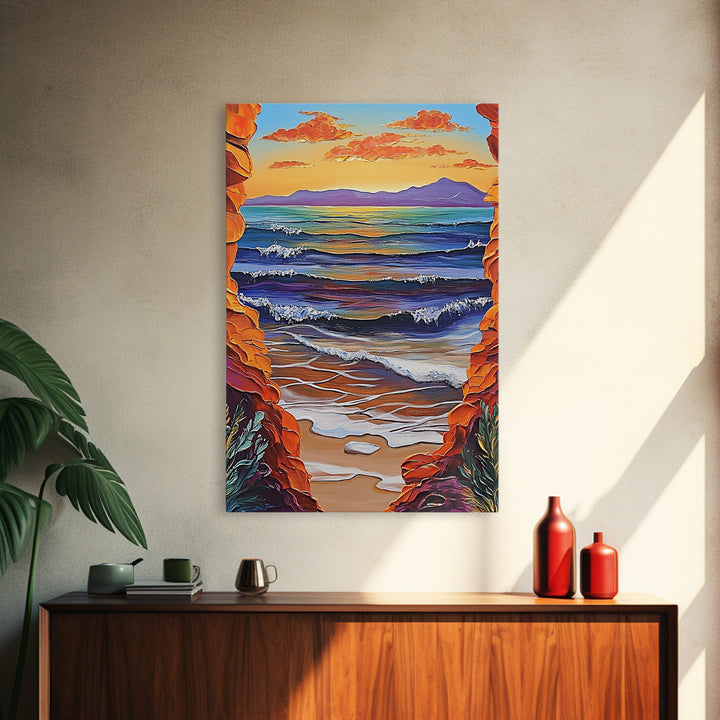 Ocean Horizon, Cliffside View, Sunset Waves, Peaceful Seascape, Framed Canvas Print, Living Room Wall Art, Beach Window View