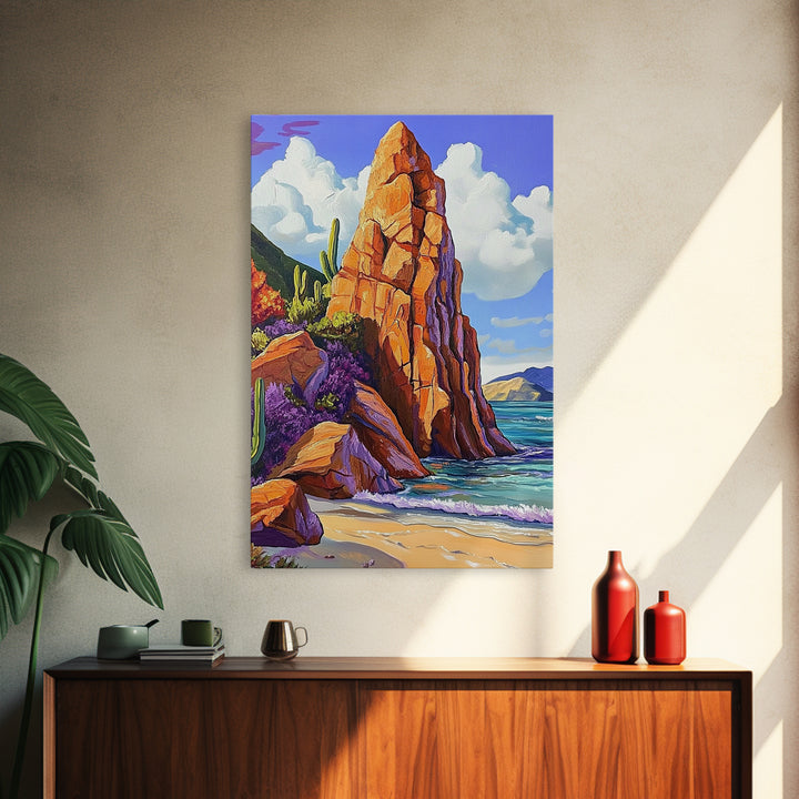 Rocky Spire, Cactus Landscape, Desert Coastline, Nature Escape, Framed Canvas Print, Western Wall Art, Adventure Travel Aesthetic