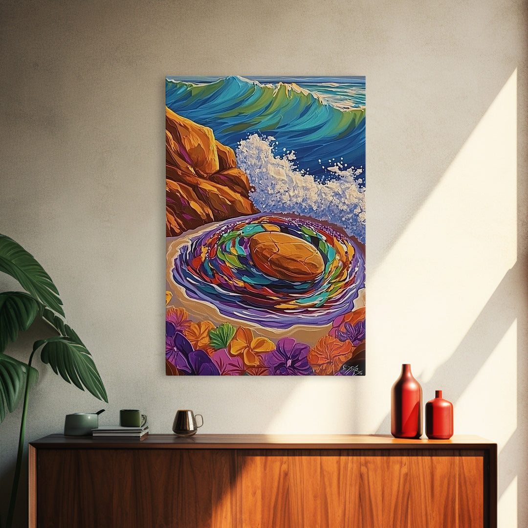 Ocean Spiral Stones, Coastal Zen Art, Sea Energy Waves, Framed Canvas Print, Boho Beach Wall Art, Meditation Room Decor, Nature Spiritual Art