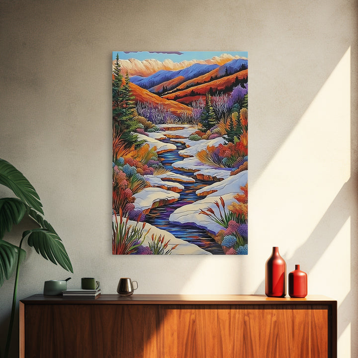 Autumn Snow Creek, Mountain Fall Scene, Nature River Painting, Framed Canvas Print, Cozy Living Room Wall Art, Rustic Cabin Style
