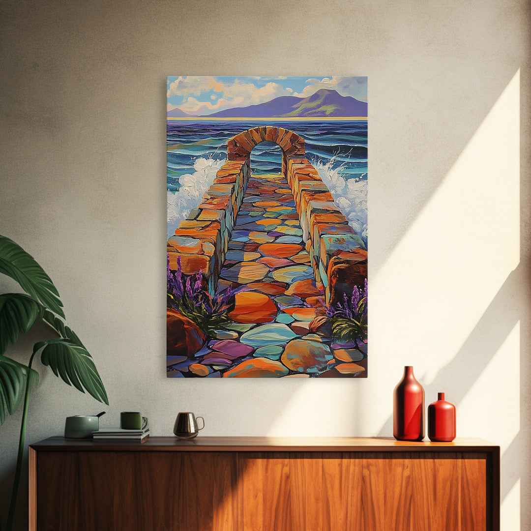 Ocean Stone Path Painting, Canvas Print, Coastal entryway art, vibrant beach decor, boho landscape print, nautical wall piece