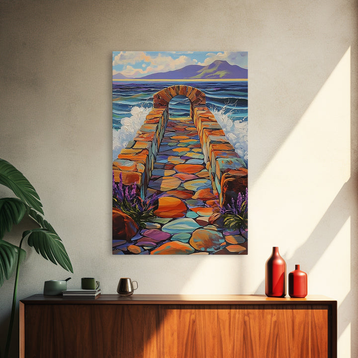 Ocean Stone Path Painting, Canvas Print, Coastal entryway art, vibrant beach decor, boho landscape print, nautical wall piece
