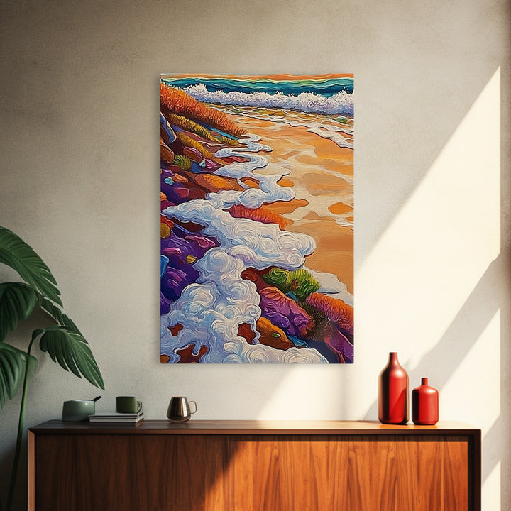 Ocean Shore Foam, Abstract Beach Scene, Coastal Texture Art, Framed Canvas Print, Summer Bathroom Wall Art, Vibrant Seaside Style