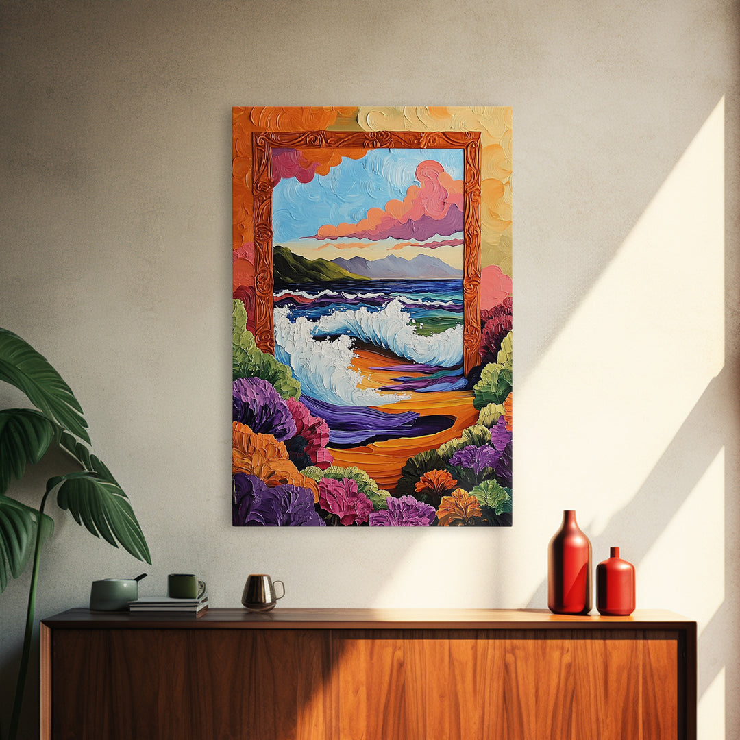 Ocean Frame, Crashing Waves, Surreal Seascape, Floral Shoreline, Framed Canvas Print, Coastal Wall Art, Bathroom Decor, Dreamy Beach Art