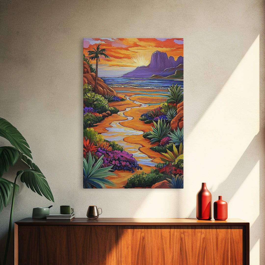 Desert Beach, Mountain Sunset, Ocean Stream, Palm Tree — Framed Canvas Print vibrant landscape wall art, boho living room, beach house decor