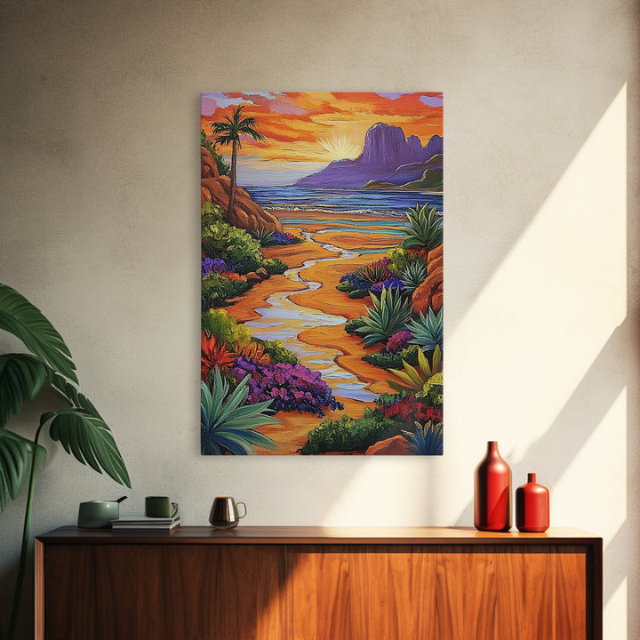 Desert Beach, Mountain Sunset, Ocean Stream, Palm Tree — Framed Canvas Print vibrant landscape wall art, boho living room, beach house decor