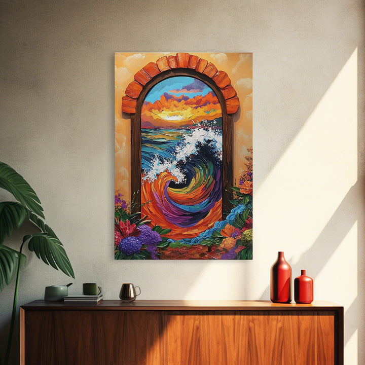 Ocean Wave Portal, Whimsical Sea Art, Sunset Coastal Decor, Framed Canvas Print, Living Room Accent, Vivid Nautical Painting