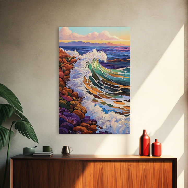 Crashing Ocean Wave, Rocky Coastline Scene, Vibrant Beach Art, Framed Canvas Print, Nature Inspired, Coastal Living Room Wall Art