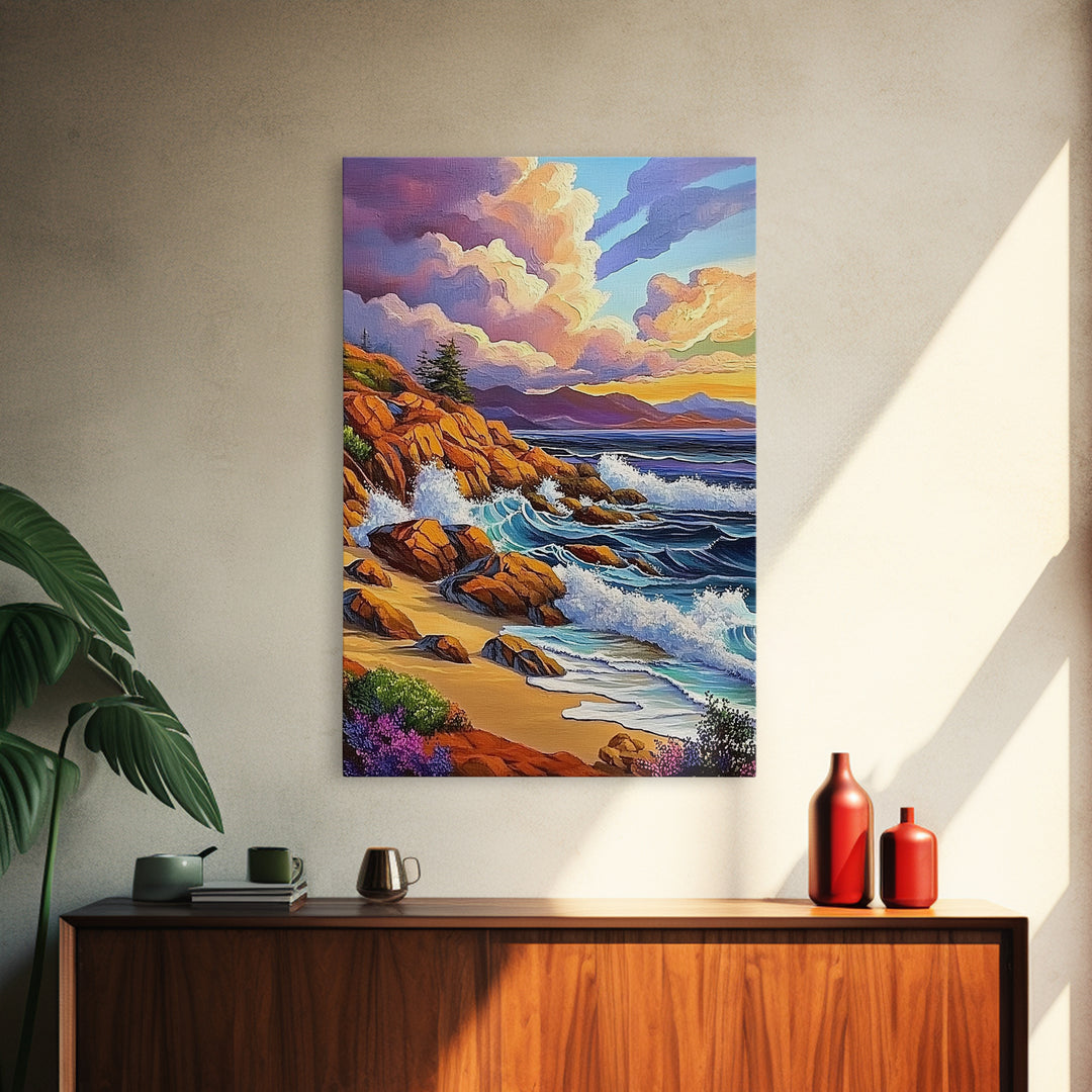 Rocky Beach Landscape, Dramatic Sky Scene, Coastal Ocean View, Canvas Print, Fall Nature Decor, Living Room Wall Art