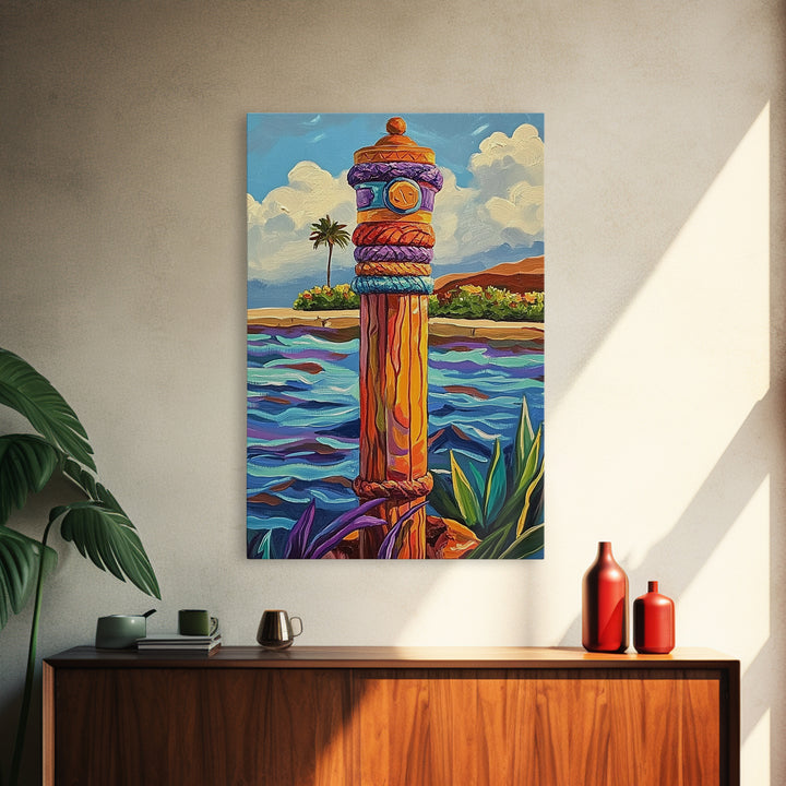 Nautical Pole Art, Tropical Shoreline Decor, Canvas Print, Coastal Boho Wall Art, Bathroom Beach Theme, Island Inspired Design