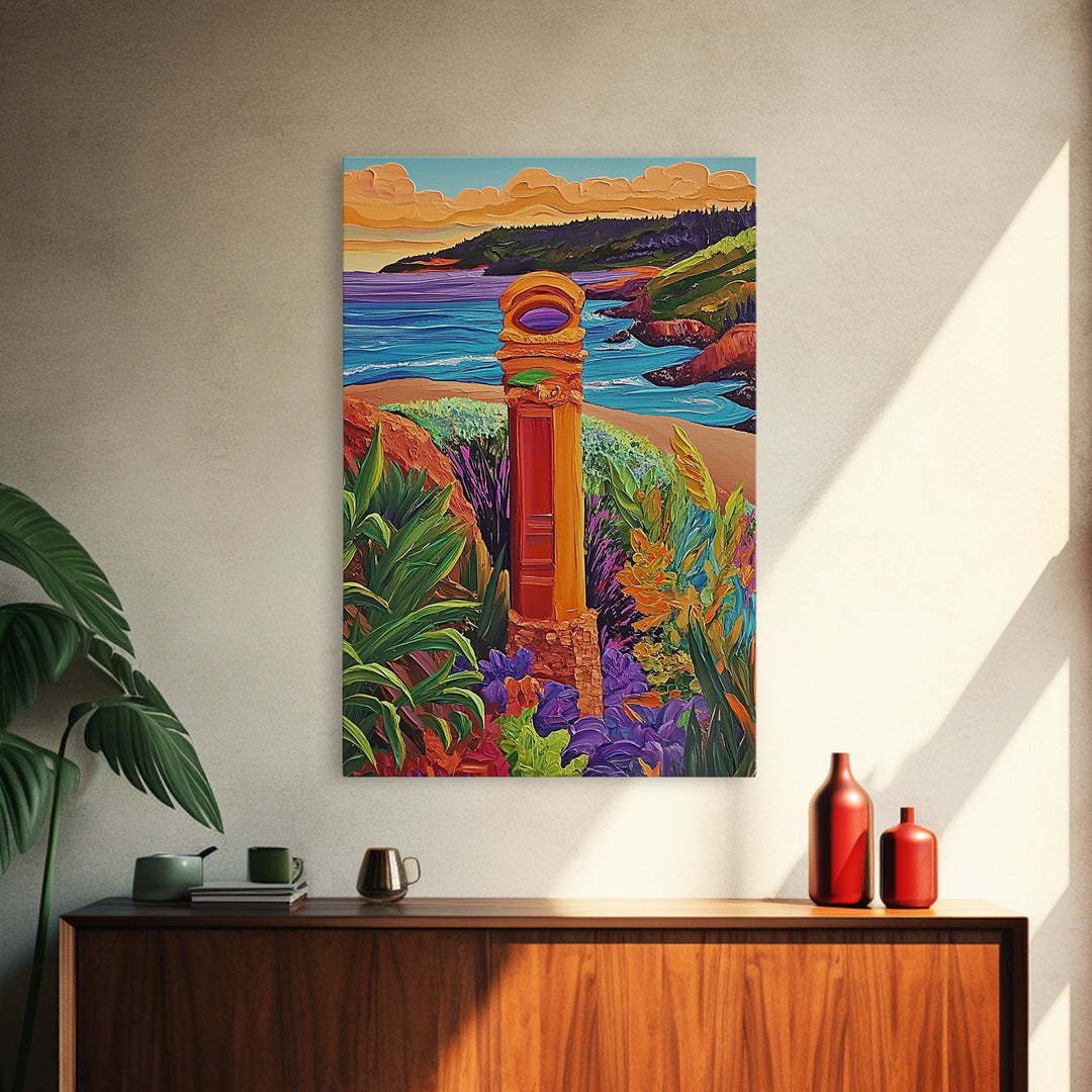 Coastal Landmark Art, Beach Garden View, Framed Canvas Print, Vibrant Landscape Wall Art, Sunroom Decor, Bright Coastal Scene