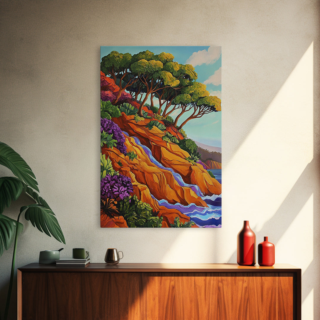 Cliffside Trees Flow, Coastal Waterfall Art, Canvas Print, Scenic Nature Wall Decor, Spa Bathroom Wall Art, Tranquil Landscape Scene