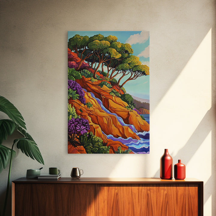 Cliffside Trees Flow, Coastal Waterfall Art, Canvas Print, Scenic Nature Wall Decor, Spa Bathroom Wall Art, Tranquil Landscape Scene