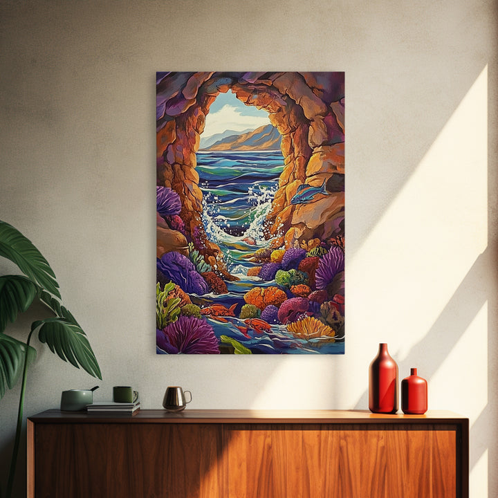 Ocean Cave Window, Underwater Scene, Marine Life, Coral Reef, Framed Canvas Print, Bathroom Wall Art, Coastal Decor, Nautical Art