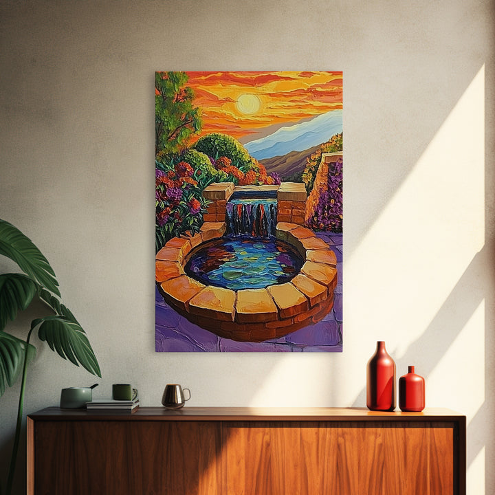 Brick Fountain Sunset, Peaceful Garden Oasis, Warm Tones, Autumn Wall Art, Framed Canvas Print, Serene Patio or Hallway Decor