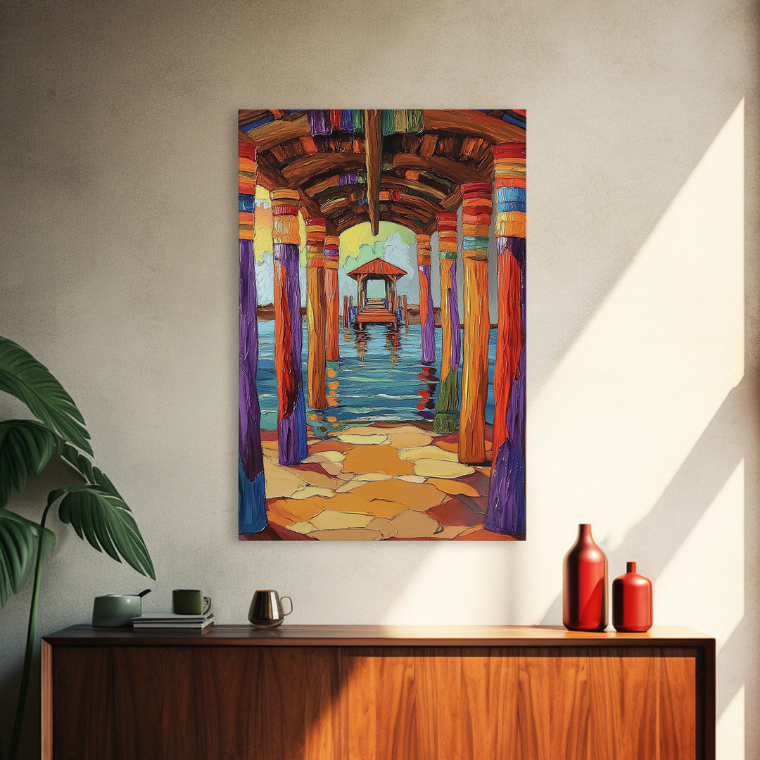 Dock Walkway, Tropical Pier, Ocean View, Beach Art, Framed Canvas Print coastal home decor, hallway wall art, vibrant nautical painting