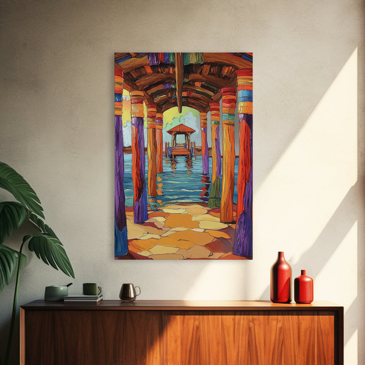 Dock Walkway, Tropical Pier, Ocean View, Beach Art, Framed Canvas Print coastal home decor, hallway wall art, vibrant nautical painting