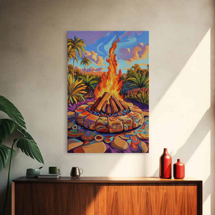 Campfire Palm Trees, Flame, Sunset, Framed Canvas Print tropical bonfire art, cozy fire pit painting, Fall decor, outdoor living room wall art
