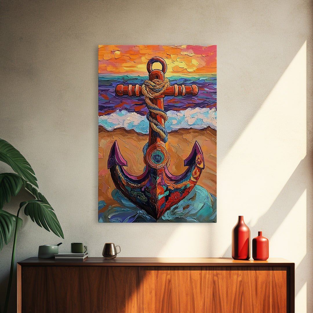 Nautical Anchor, Sunset, Coastal, Framed Canvas Print, ocean sunset art, beach house decor, rustic nautical theme, Living Room or Office
