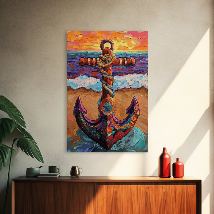 Nautical Anchor, Sunset, Coastal, Framed Canvas Print, ocean sunset art, beach house decor, rustic nautical theme, Living Room or Office