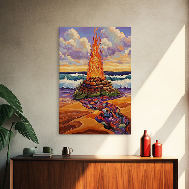 Bonfire Beach, Twilight, Ocean, Framed Canvas Print fire pit artwork, vibrant beach decor, ocean waves and flames, Fall living room wall art