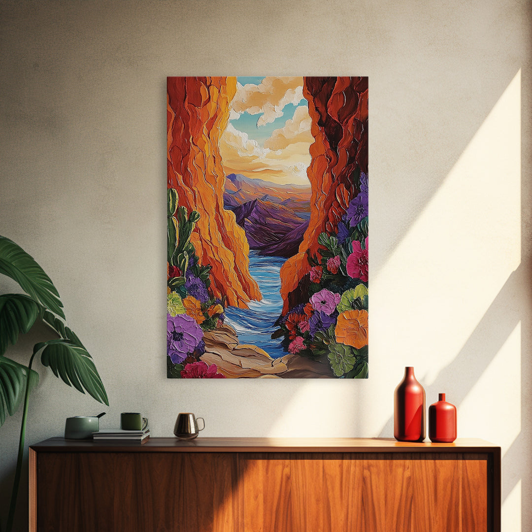 Canyon Wildflowers, Desert, Horizon, Canvas Print bold desert canyon landscape boho rustic mountain view wildflower wall art hallway decor