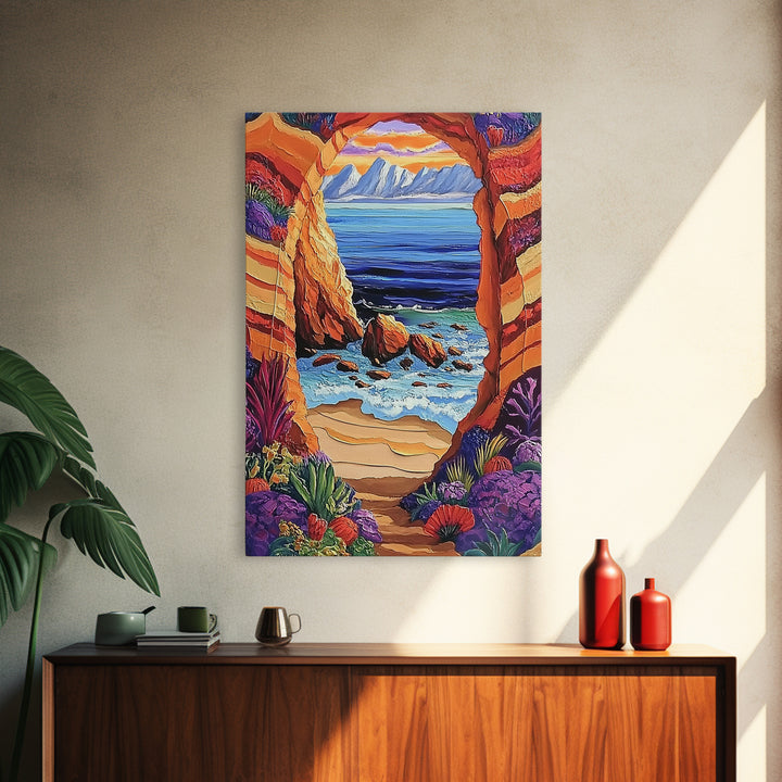 Coastal Archway, Ocean, Escape, Framed Canvas Print bold beach cave painting vivid seascape arch view boho tropical living room wall decor
