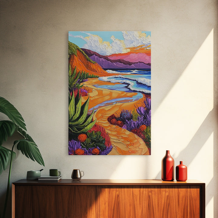 Beach Path, Sunset, Bliss, Canvas Print, tropical beach decor, bold wall art, coastal boho artwork, vibrant summer vibes, Bathroom or Hallway