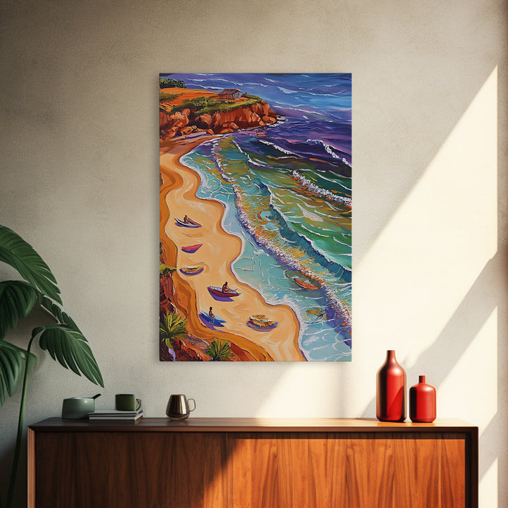 Beach Waves, Boats, Aerial Coastal Landscape, Framed Canvas Print, Boho Ocean Art, Bathroom Wall Decor, Vibrant Nautical Artwork