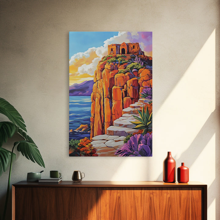 Cliffside Ruins, Ocean, Sunset Ancient Fortress Art, Framed Canvas Print, Dramatic Living Room Wall Decor, Southwest Adventure Style