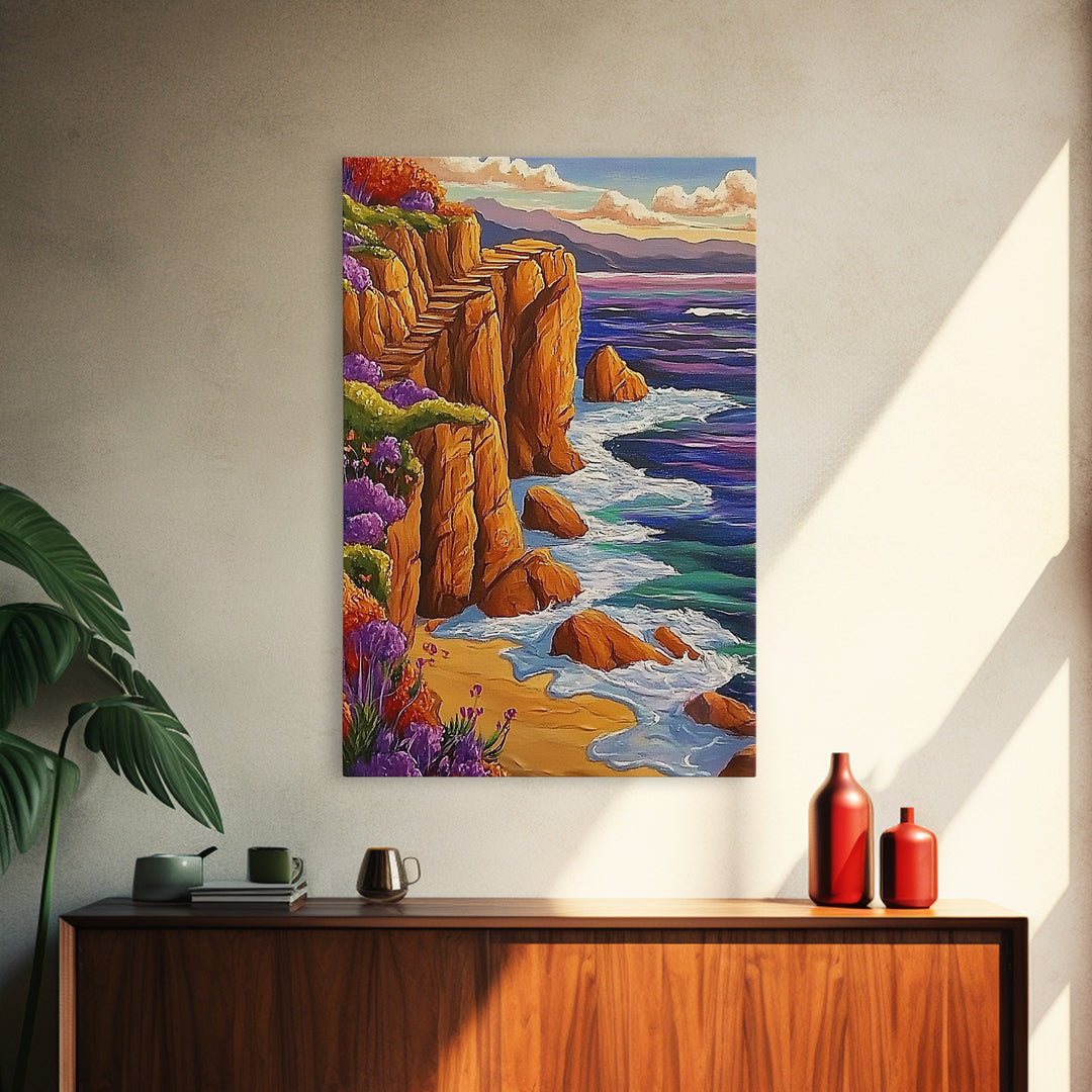 Ocean Cliffside, Path, Sunset, Canvas Print scenic ocean stairs artwork, coastal nature landscape print, Bedroom Wall Art, boho art