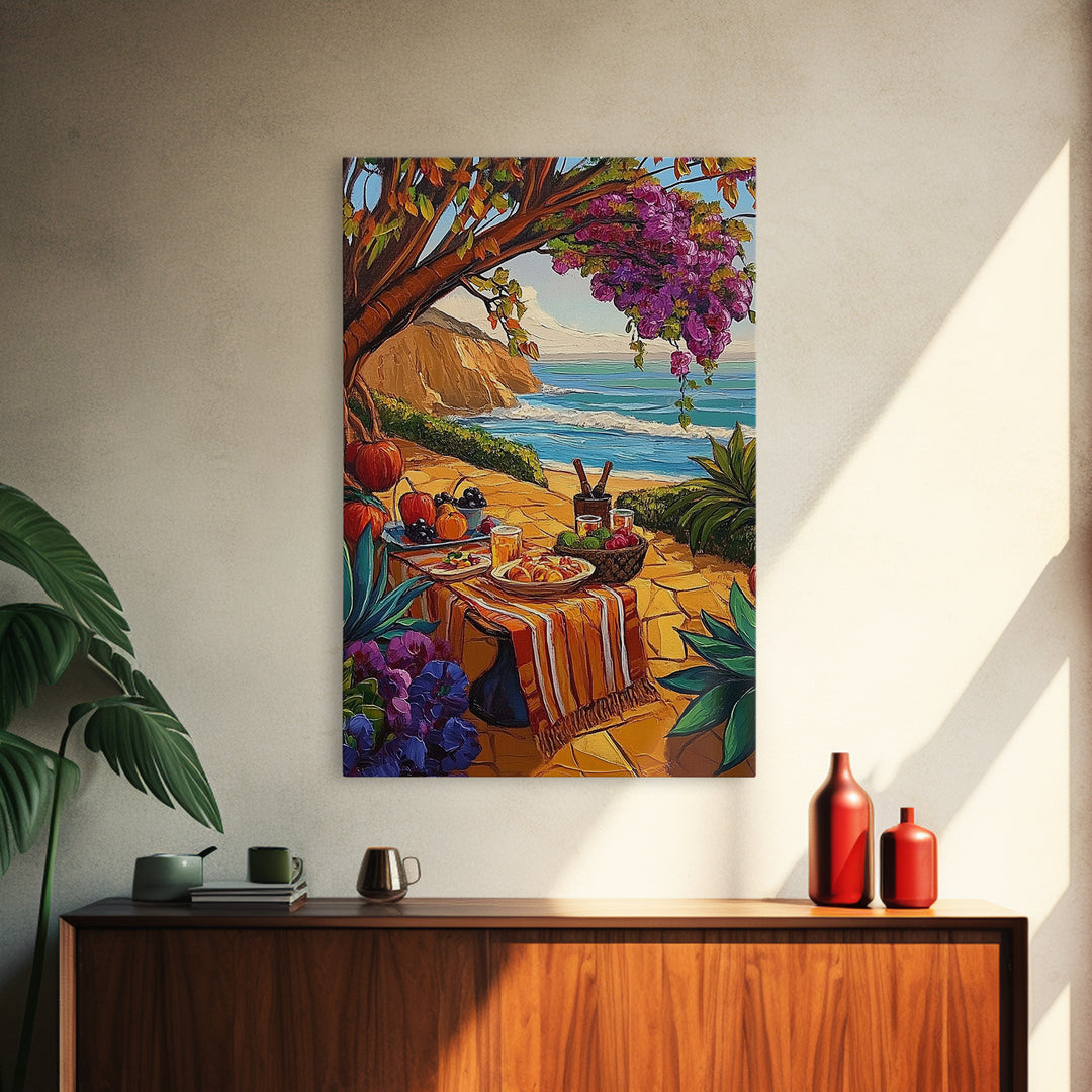 Picnic Beach, Fall Ocean, Framed Canvas Print cozy coastal picnic painting, fall harvest beachside art, Dining Room Wall Art, rustic art