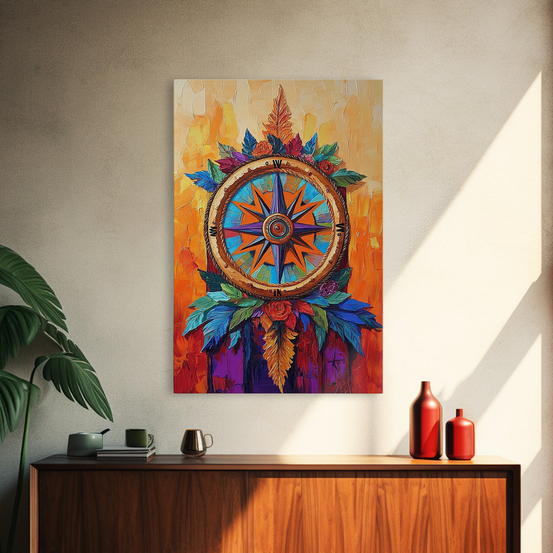 Compass, Rustic, Floral, Wall, Framed Canvas Print, Boho compass rose art with flowers, ideal bohemian home decor or entryway statement art