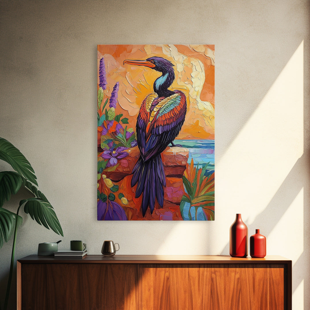 Bird, Tropical, Nature, Colorful, Framed Canvas Print, Exotic bird painting with vivid feathers, ideal eclectic living room wall art