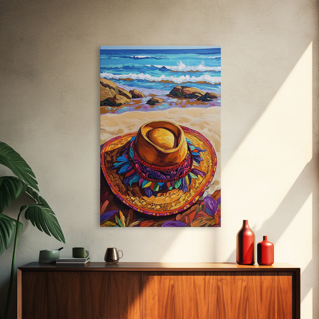 Beach, Hat, Summer, Coastal, Canvas Print, Summer beach scene with festive sombrero, great coastal kitchen or vacation home wall art