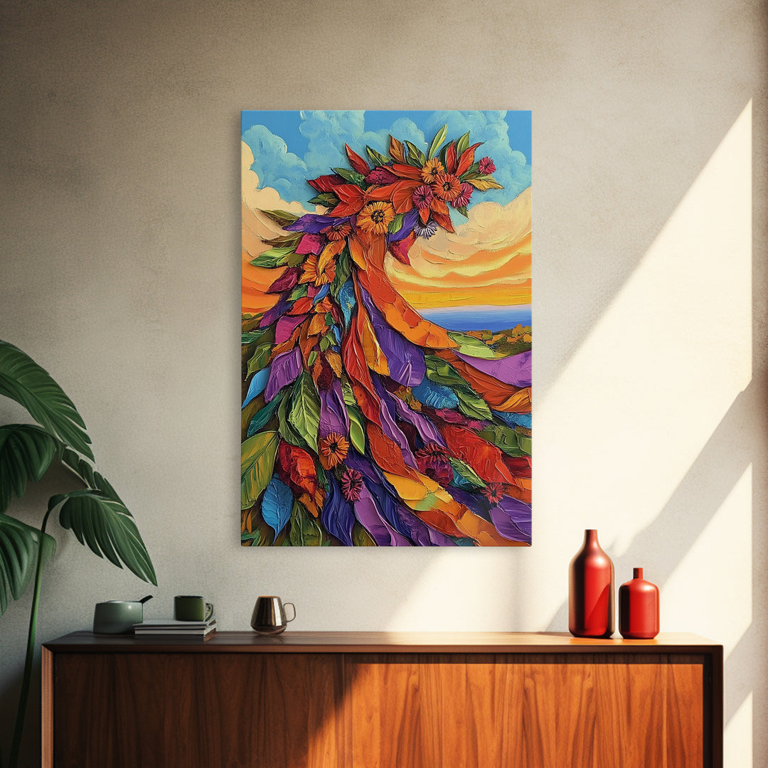 Abstract Bloom, Petals, Rainbow, Framed Canvas Print, bold flower art, modern botanical decor, textured wall piece, Bedroom or Entryway