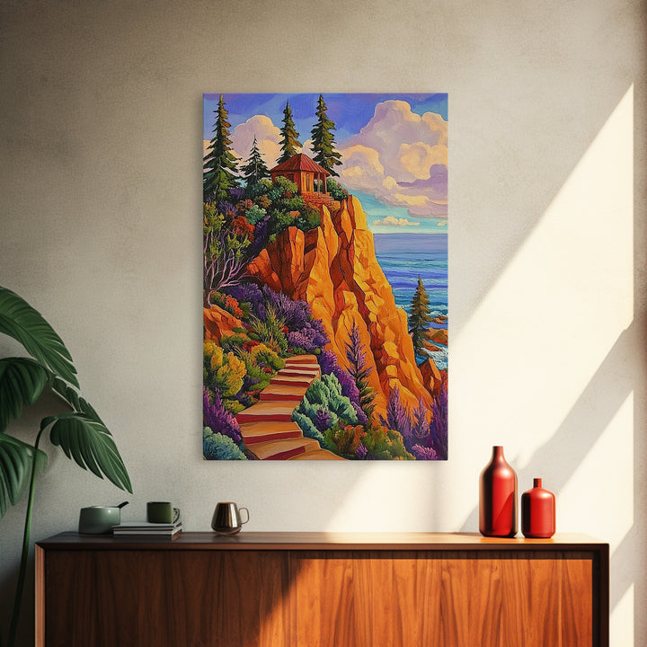 Cliff Cabin, Ocean, Trees, Framed Canvas Print, Seaside cabin on cliff with vivid trees and ocean view, rustic fall living room wall art