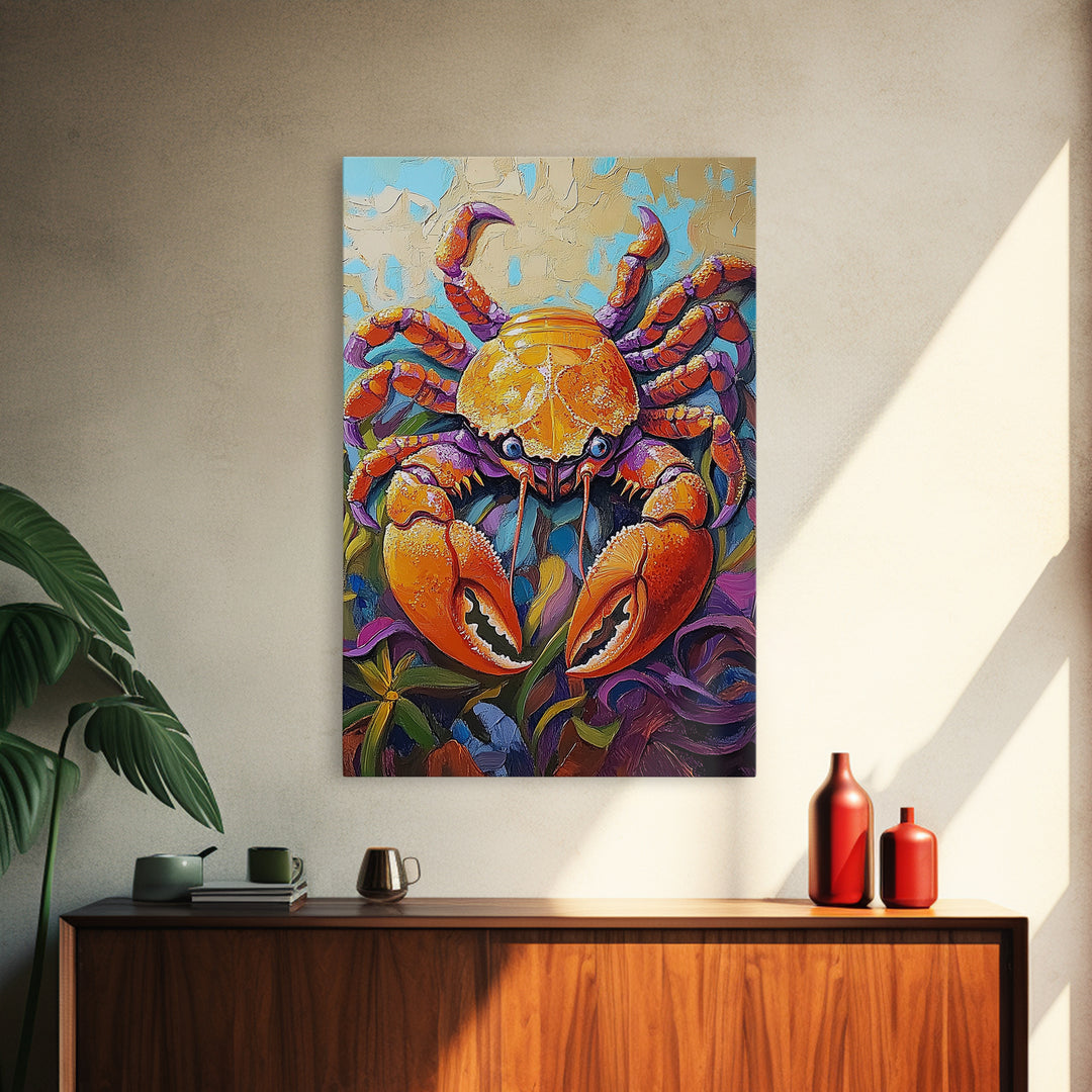 Crab Ocean, Bold, Seafood, Framed Canvas Print, Colorful crab painting with vivid detail, fun nautical art, beach kitchen decor