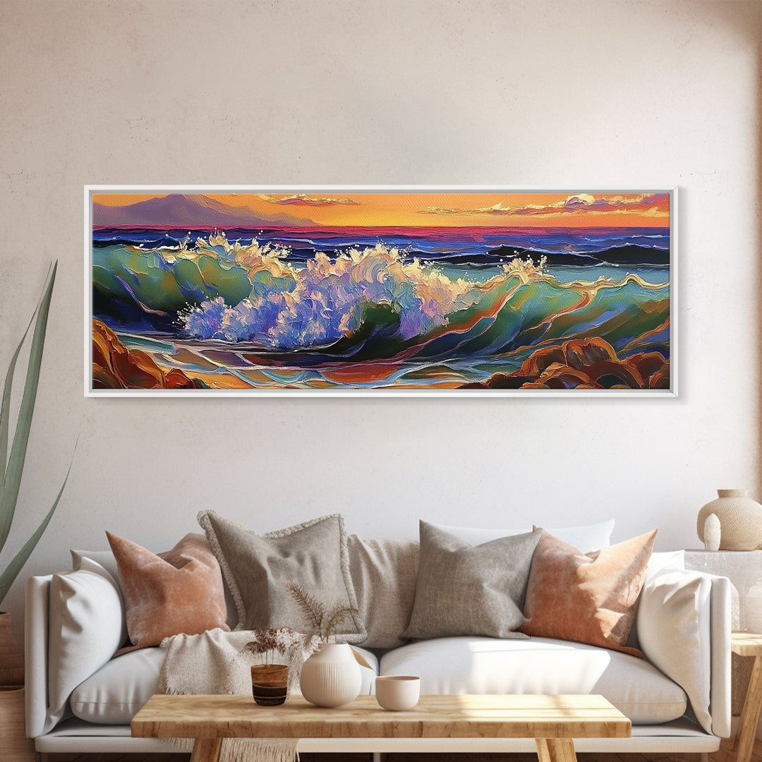 Breaking Wave, Seascape Sunset, Surf Art, Tranquil Ocean, Framed Canvas Print, Beach House Wall Art, Coastal Living Decor, Nature Scene