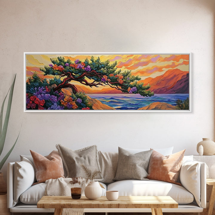 Coastal Tree, Sunset Glow, Flowering Branches, Ocean Horizon, Canvas Print, Bedroom Wall Art, Tranquil Nature Scene, Vibrant Landscape