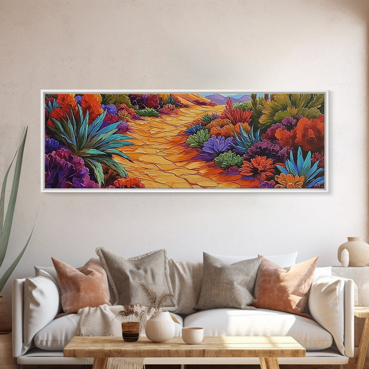 Desert Pathway, Wildflower Trail, Vibrant Colors, Boho Landscape, Framed Canvas Print, Entryway Wall Art, Boho Living Room