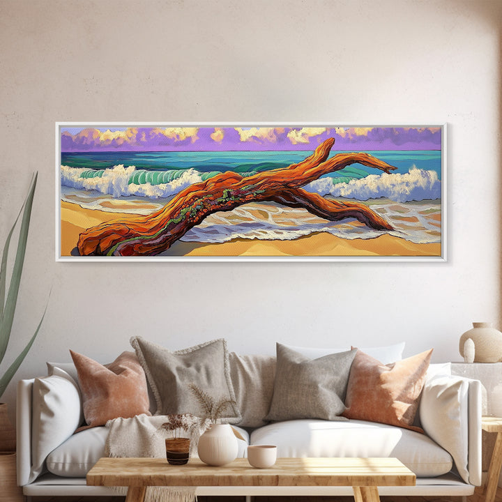 Driftwood Beach, Ocean Wave Art, Coastal Wall Art, Framed Canvas Print, Nature Home Decor, Relaxing Bathroom Art, Bedroom Art