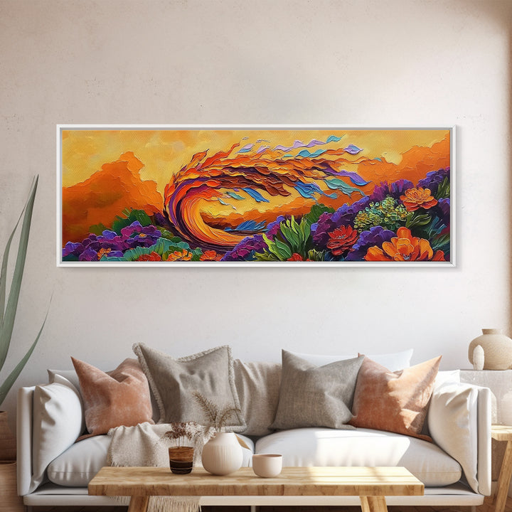 Abstract Wave, Fiery Floral Splash, Boho Landscape Art, Framed Canvas Print, Bold Living Room Statement Wall Decor