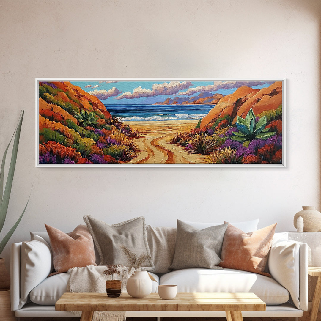 Desert Path, Beach Escape, Vibrant Nature, Scenic View, Framed Canvas Print, landscape painting, hallway art, sunset wall decor