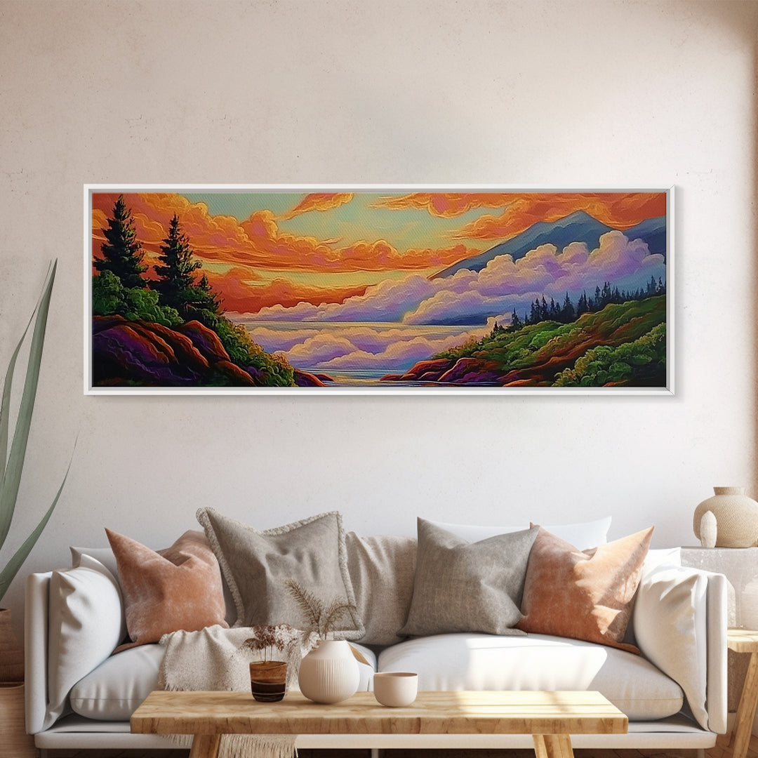 Cloudy Mountains, Sunset Glow, Forest Horizon, Tranquil Vibes, Framed Canvas Print, peaceful landscape, bedroom wall art